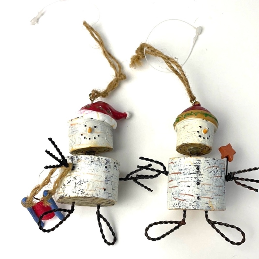 Pair of Snowman Wood Looking Ornaments Vintage